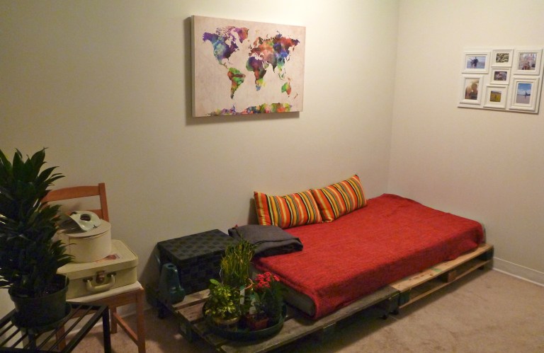 The pallet daybed is an easy, and relatively cheap, alternative to buying a couch.